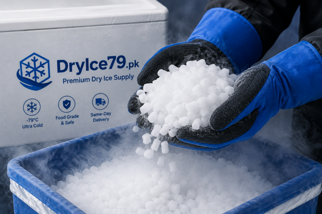 Safe handling of dry ice pellets with protective gloves