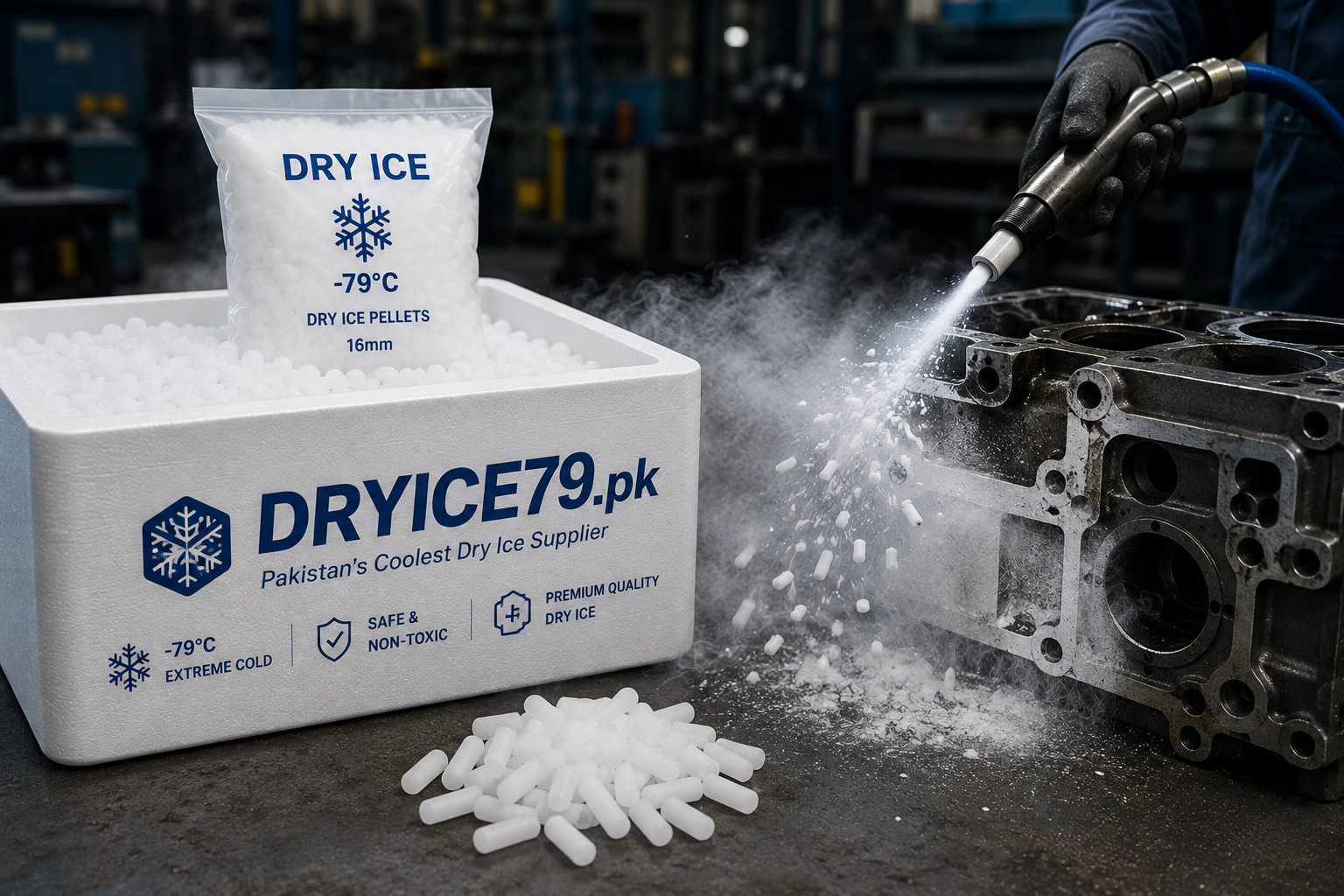 Industrial dry ice blasting for equipment cleaning
