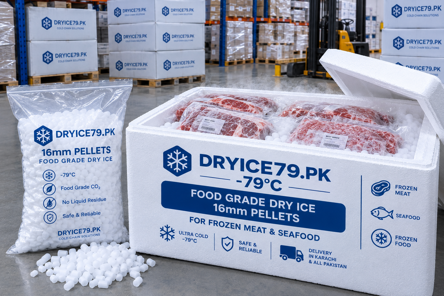 Dry ice for meat and frozen food storage
