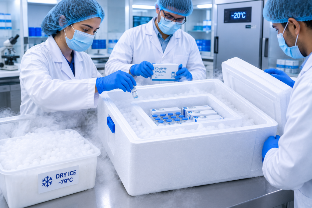Dry ice for vaccine cold chain storage
