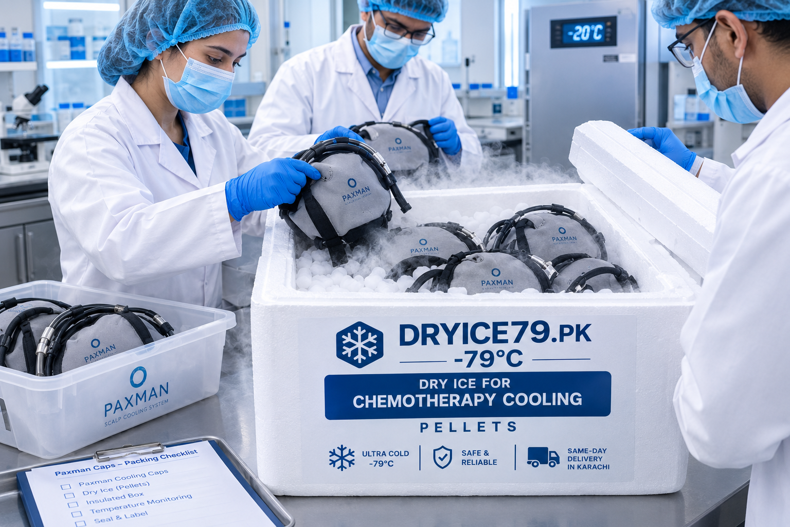 Dry ice solutions for chemotherapy scalp cooling caps